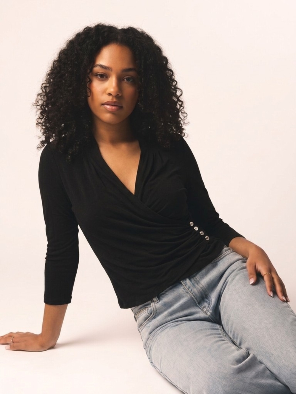 White House Black Market Black Wrap-Style 3/4 Sleeve Top